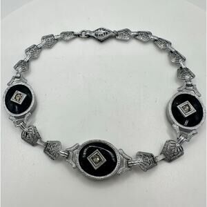Antique 1917 Edwardian rhodium plated filigree black camphor glass bracelet 7.5"